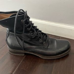 Black leather lace up booties